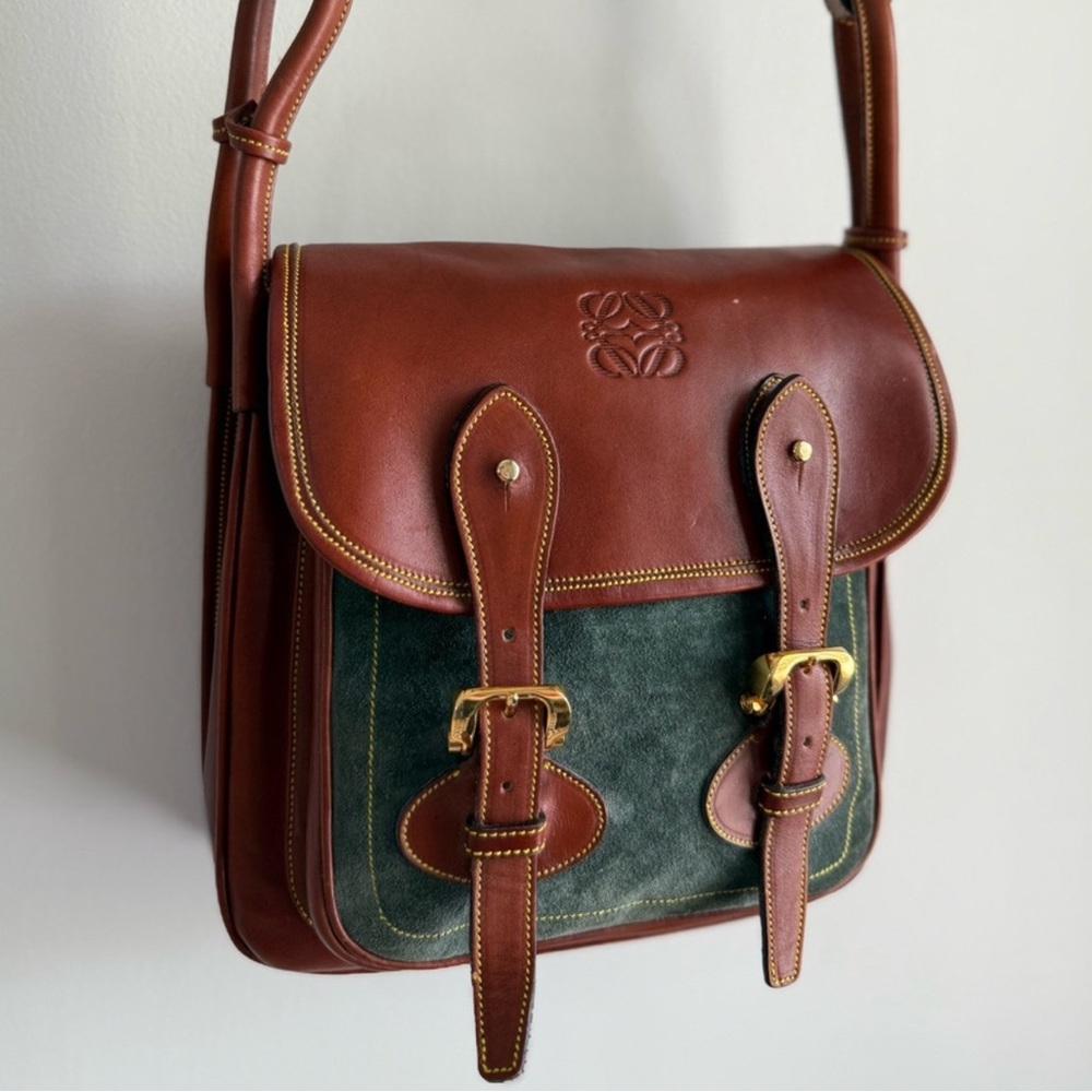 Loewe Leather and Suede Messenger Bag in Brown and Green